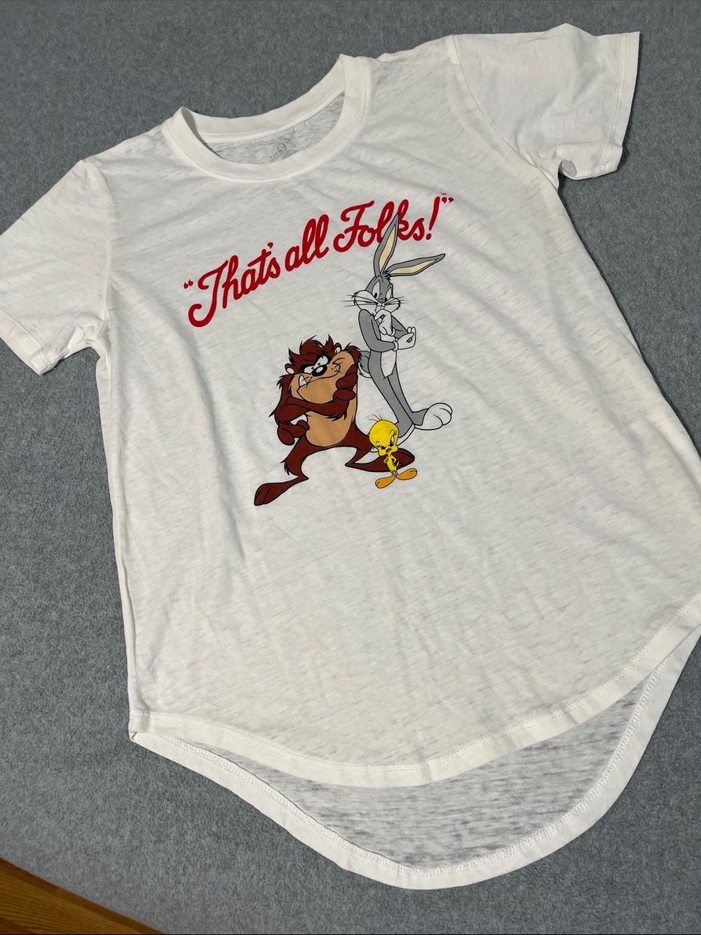 White Looney Tunes 'That's All Folks!' Graphic Tee Shirt Womens Small Burnout